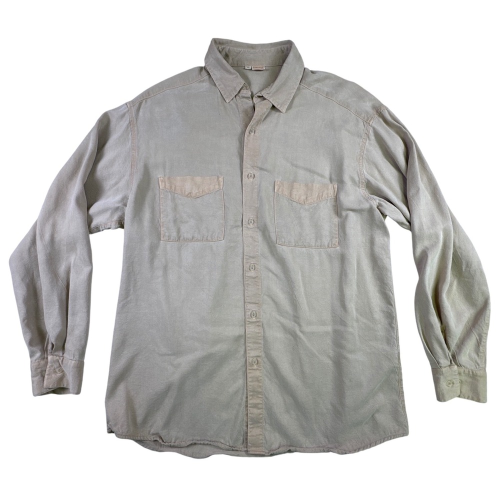 Tianello Men's Vintage Oil Field‎ Button Down Long Sleeve Tan Shirt Size Medium